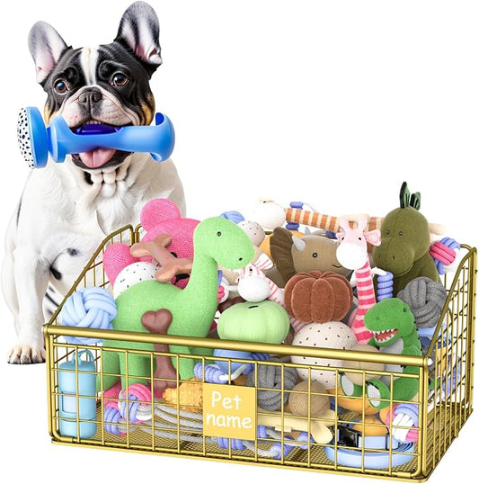 Kaiferty Indestructible Dog Toy basket, Medium Toy Box for Dogs,Pet Toy Bin Dog Metal Basket for Toys, Toy Storage Organizer, Toy Box for Living Room Area (Gold)