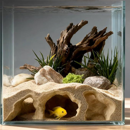 LIYAOLI Aquarium Ornaments Cave Tunnel with Viewing Ports | Fish Tank Decoration Hideout for Pleco, Shrimp & Corydoras | Substrate-Friendly Design & Sinking Base (S - Sand Color)