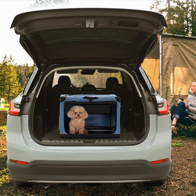 PETSFIT 26" Soft Portable Dog Crate – Patented Spiral Sturdy Frame, Collapsible Travel Kennel for Small Dogs, 3 Mesh Door, Lockable Zippers, Indoor & Car Use Blue