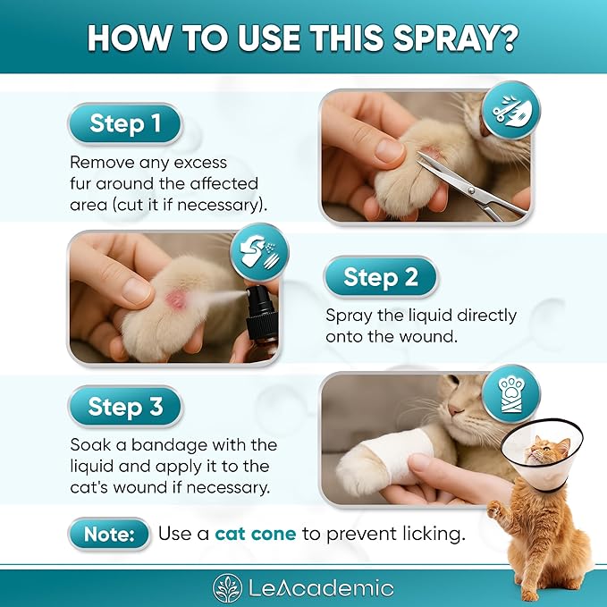 Cat Wound Care Spray is Perfect with Cat Cone | Nano Silver + Chlorhexidine in the Composition | Bites, Scratches, Redness, Irritation, and Sutures After Surgery | 4 Oz