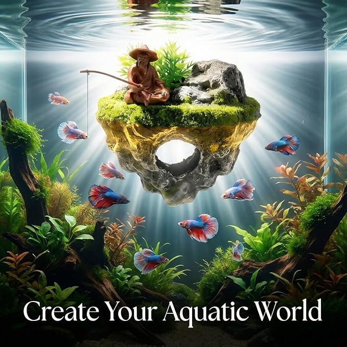 Aquarium Floating Island Decoration with Interactive Fish Feeding Hook,Fish Tank Decorations for Betta,Guppy & Shrimp,Safe ABS Material Floating Fish Tank Decorations,3D Old Man