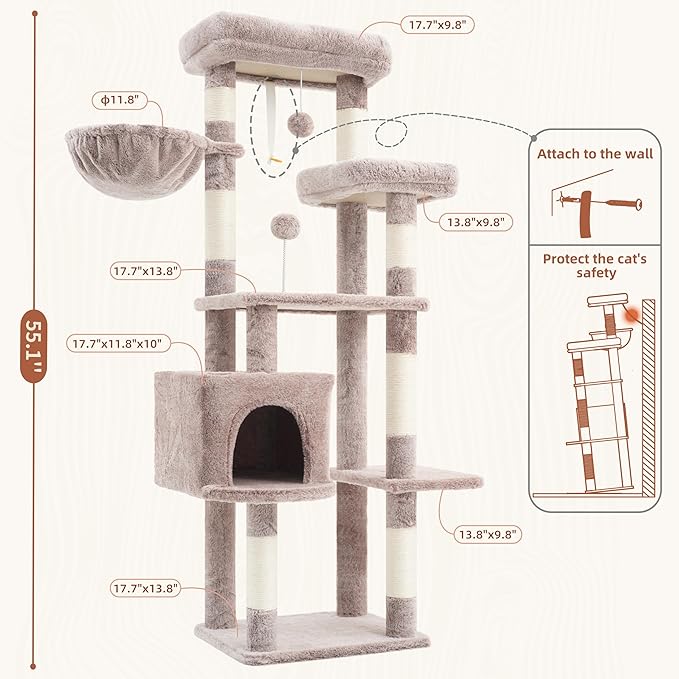 Gitelsnour Cat Tree for Indoor Cats, 55.1 inch Cat Tower with 7 Sisal Scratching Posts, Multi-Level Cat Condo wit Large Play Platform Furry Ball, Cat Cave, 2 Padded Perches, Basket, Mushroom GCT013MU