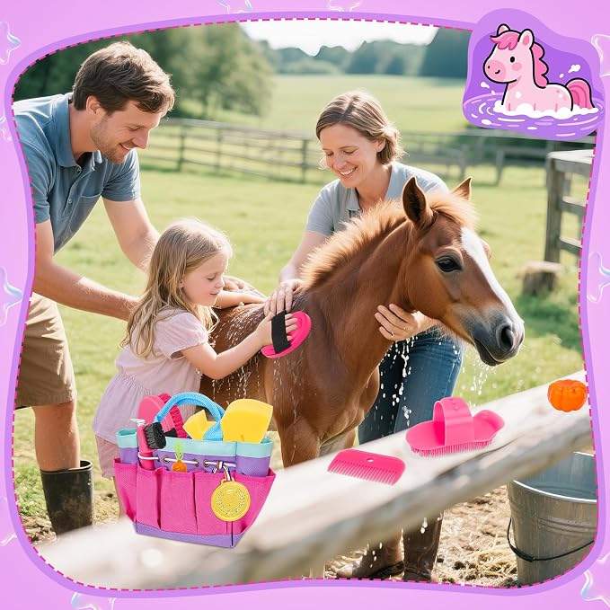 deAO Horse Grooming Brush Kit 12Pcs Horse Tack with Tote Bag,Care Tool,Pink | Realistic Horse Cleaning Playset,Includes Gloves,Tail Comb,Body Brush,Gift for Horse Riders Beginners for Boys Girls Ages3+