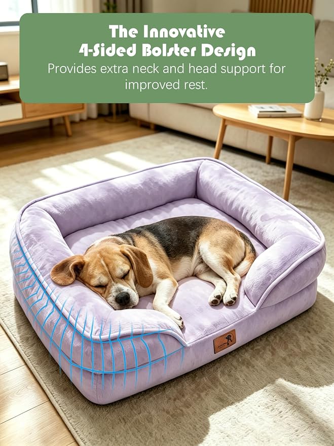 Spotted Play Orthopedic Dog Bed with Sides - Sofa Beds for Medium Dogs, Supportive Foam Pet Couch Bed with Washable Removable Cover, Waterproof Lining and Non-Slip Bottom, Purple - M