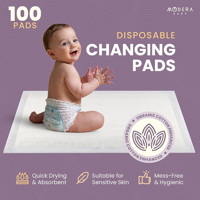 Organic Cotton Enhanced Disposable Changing Pad Liners | 16x18 Hypoallergenic Super Soft Ultra Absorbent Waterproof Quilted Underpads for Baby Diaper Table & Travel, Leak Proof, Mess Free (100 Pack)