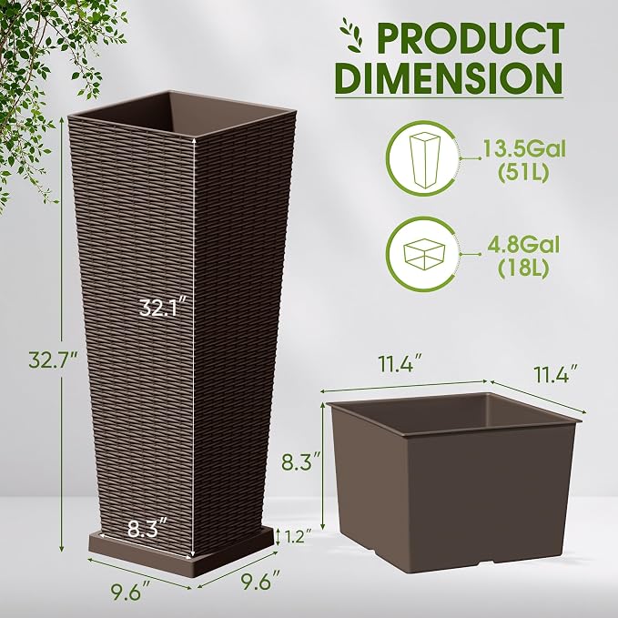 Devoko Resin Tall Planters for Outdoor Plants Set of 2, Large Taper Outdoor Planter Pots with 4 Drainage Holes, Flower Pots Modern Decor for Porch, Patio, Backyard, Garden(Brown, 32" with Trays)