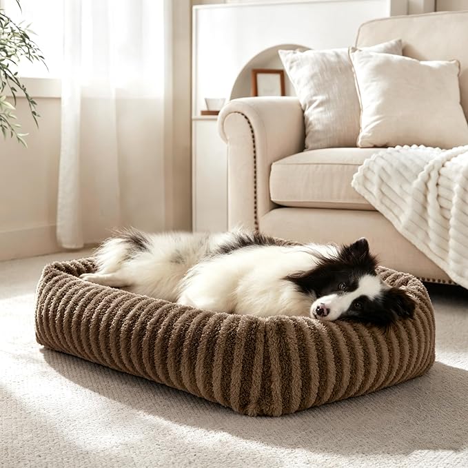 MIXJOY Dog Bed Medium Size Dog, Washable Medium Dogs Bed with Removable Cover, Soft Rectangle Doggy Ded Fluffy Plush Faux Fur Pet Bed with Anti-Slip Bottom, 30"x24"x8",Brown