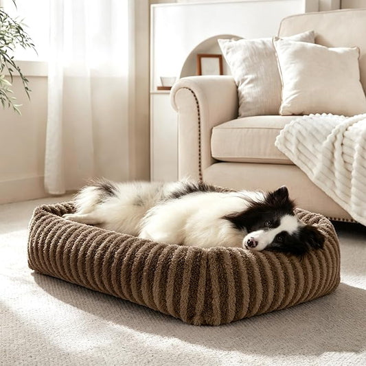 MIXJOY Dog Bed Medium Size Dog, Washable Medium Dogs Bed with Removable Cover, Soft Rectangle Doggy Ded Fluffy Plush Faux Fur Pet Bed with Anti-Slip Bottom, 30"x24"x8",Brown