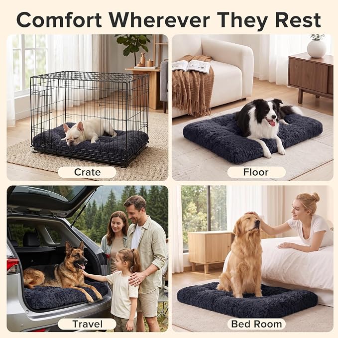 JOEJOY Dog Bed Crate Pad, Deluxe Plush Washable Dog Beds Fulffy Soft Kennel Pad Anti-Slip Pet Sleeping Mat for Medium Small Dogs, 29" x 21", Dark Grey
