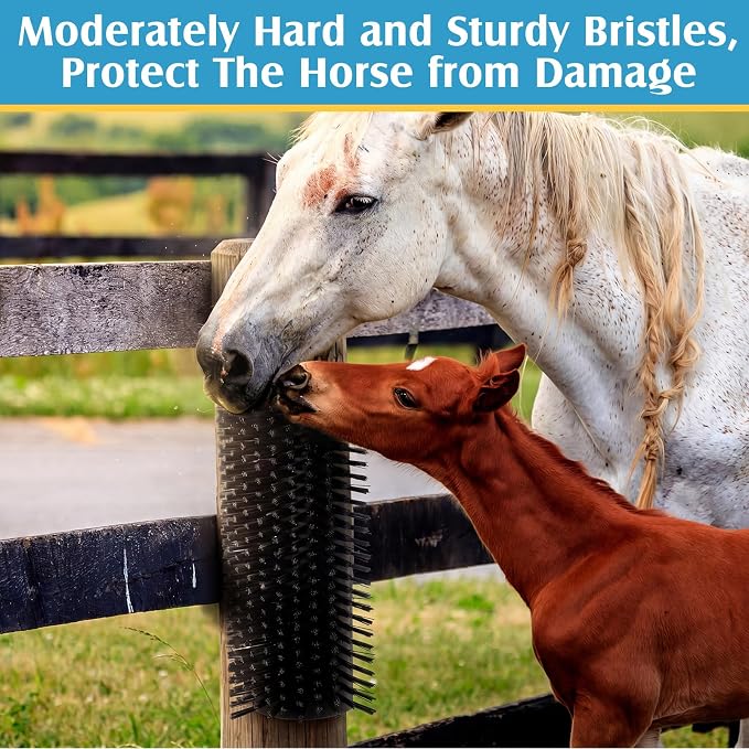 3 Pack Livestock Scratching Brush, Black | Animal Scratcher, Itch Relief Grooming, Horse Goat Cow Scratcher, Fence Post Mounting, Durable Bristles, Farm Livestock Care