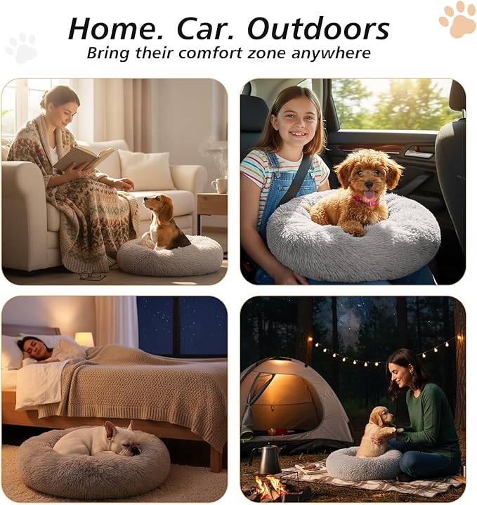 JOLLYVOGUE Calming Dog Bed Medium Size Dog, Anti-Anxiety Donut Medium Pet Bed, 27 inches Fluffy Faux Fur Round Cat Bed (Smoke Grey)