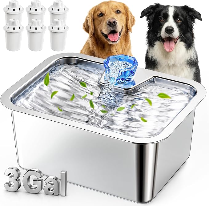 3Gal Large Dog Water Fountain Dispenser, 11L Stainless Steel Pet Fountain with 6 Filters, Corded Ultra Quiet Automatic Dog Water Bowl for Large and Multi-Pet Homes, 12 x 8.7 in Drinking Area