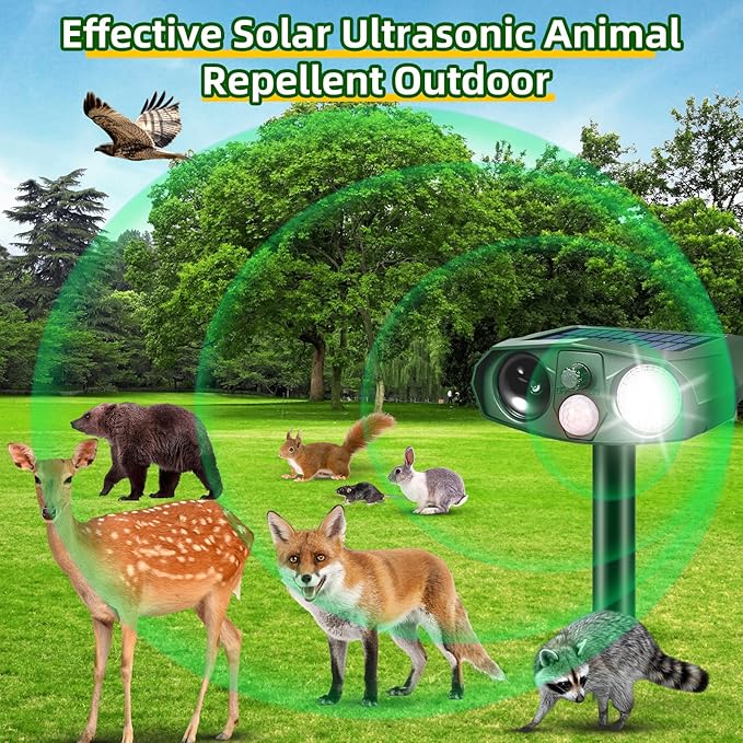 Solar Animal Repellent Outdoor, 4 Pack Ultrasonic Deer Deterrent Devices with Motion Sensor, Garden Deterrent for Cats Squirrels Rabbits Rodents, Waterproof Cat Repellent for Yard