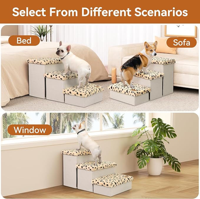 Zerbuger Dog Stairs with Storage, Beige Leopard 3 Steps Dog Ramp no Condo | 18" H Wider Dog Steps for High Beds Couch, Folding Storage Pet Stairs Gift for Climbing Small/Medium/Large Old Dogs Cats