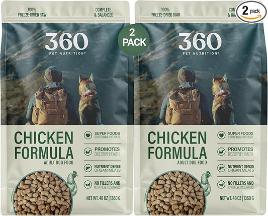 360 Pet Nutrition Freeze-Dried Raw Dog Food – Chicken Recipe with Liver & Organs, High Protein, Omega-3s, Fruits, Veggies & Superfoods, Grain-Free, No Fillers 2 x 48 oz Made in USA