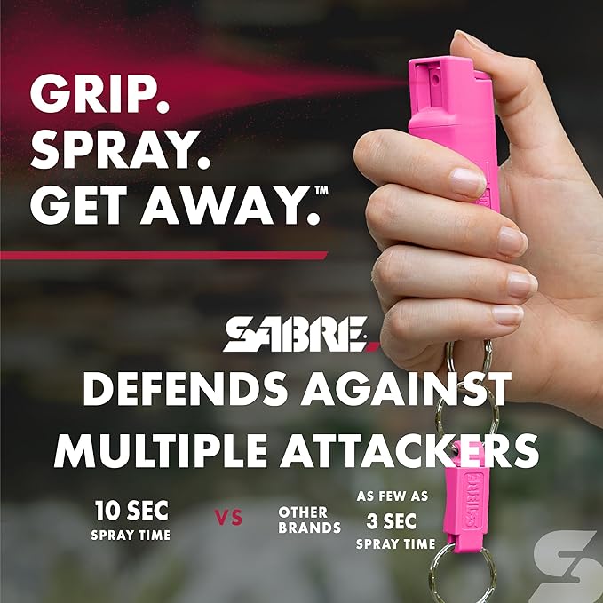 Sabre Pepper Spray - Quick Release Keychain for Easy Carry & Fast Access, Max Police Strength Self Defense OC Spray with UV Dye, 10 Sec. Spray Time, Finger Grip - Faster Aim, 0.54 fl oz,Secure Safety