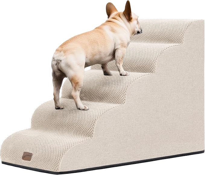 GoGoBunny Ramp Dog Stairs for High Beds 22.6" H, 5-Step Dog Slope Stairs with Durable Waterproof Fabric Cover, Pet Steps for Old Large Dogs Climbing, Non-Slip Sturdy Indoor Step, Beige