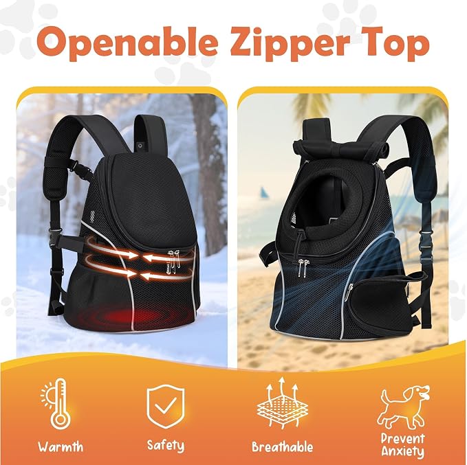 WOYYHO Pet Dog Carrier Backpack with Windows, Ventilated Small Dog Backpack | Breathable Top & Side Windows, Safety Belt, Storage Pockets, Small Dog Front Backpack, for Travel Hiking Outdoor, Black2.0, L