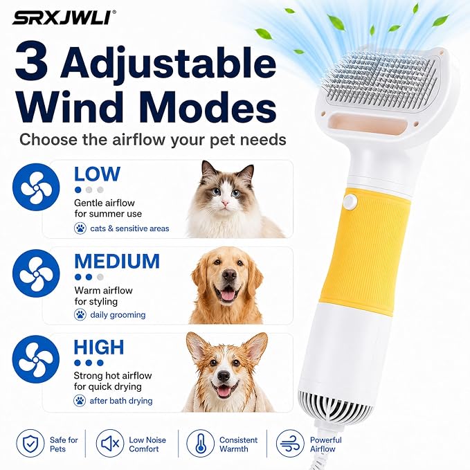 3 in 1 Pet Hair Dryers And Comb Brush High Velocity Blower for Dog Grooming | Portable Quiet Handheld Slicker with Steam Deshedding Intelligent Airflow System for Cats, Puppies and Professional(Yellow)
