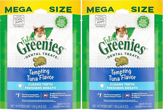 Greenies Feline Adult Natural Dental Care Cat Treats, Tempting Tuna Flavor, 4.6 oz. Pouch (Pack of 2)