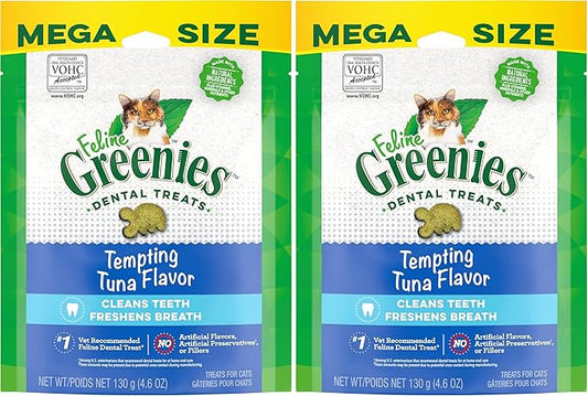 Greenies Feline Adult Natural Dental Care Cat Treats, Tempting Tuna Flavor, 4.6 oz. Pouch (Pack of 2)