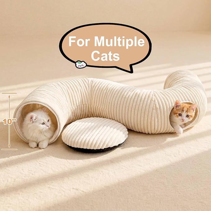 Cat Tunnel Bed with 40 Pcs Interactive Cat Toys, Cat Tube with Kitten Toys for Indoor Kittens, Collapsible Play Tunnel, White