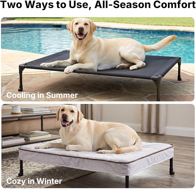 Veehoo Outdoor Elevated Dog Bed with Washable & Waterproof Cushion, Cooling | Medium Raised Dog Cot with Removable Cover, Brethable Mesh, Orthopedic Pet Bed for Indoor & Outdoor, 32" x 25", Dark Grey