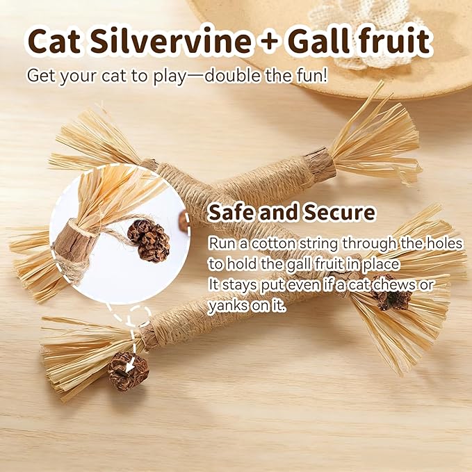 Cat Toys for Indoor Cats, 3 Pcs Silvervine Sticks with Gall Fruit & 1 Pc Cat Chew Rope for Teeth Cleaning, Interactive Cat Toys with Catnip, Kitten Chew Toys Teething for All Breeds Orange