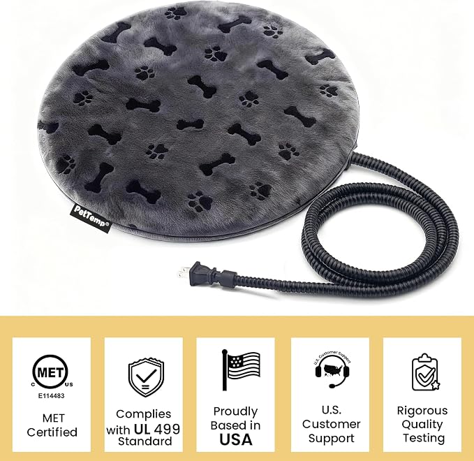 Pet Heating Pad for Cats Dogs Indoor & Sheltered Outdoor Waterproof Heated Cat Bed Heated Dog Bed Chew Resistant Cord Constant Temperature Gray Paw Print Round 16 Inch