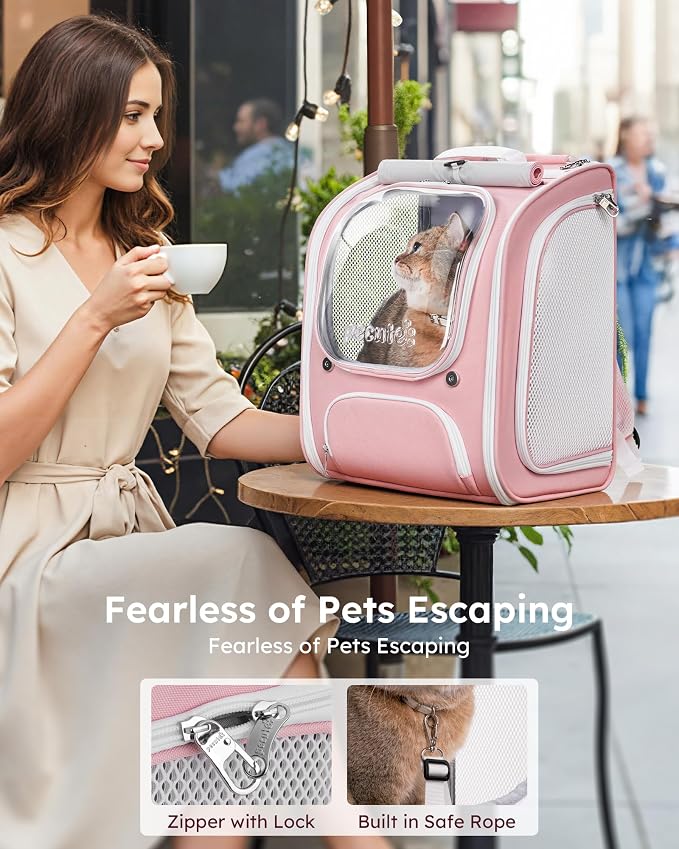 Pecute Cat Backpack Carrier,Large Space Cat Bubble Backpack,Ergonomic,Pink | Sunshade Curtain,Transparent Window,Safety Rope,Sturdy,Large Mesh on Both Sides for Breathability,Suitable for Outdoor,Vet