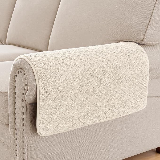 Turquoize Waterproof Couch Armrest Covers for Sofa Non-Slip Fuzzy Couch Arm Covers Set of 2 Washable Thick Soft Recliner Chair Arm Cover Protector Cover (Beige, 23" x 23" 2 Pack)