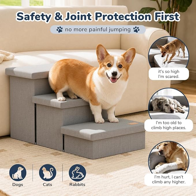 3-Step Dog Stairs for Large Dogs with Storage 18" H, Light Grey | Wide Dog Steps for High Bed Couch Window Car, Jiont-Friendly Pet Stairs Ramp for Small/Medium/Large Old Dogs Cats