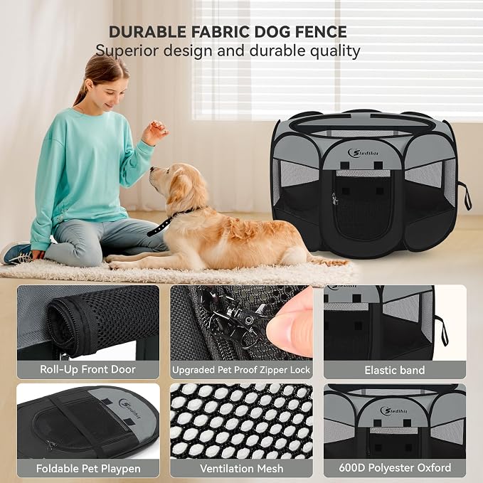 Siedihit Dark Grey Puppy Playpen for Large Dog Cat, Dogs Tent | Crates Cage Indoor/Outdoor, Portable Pop Up Dog Kennel with Carrying Bag for Rabbits(Dark Grey, Large )