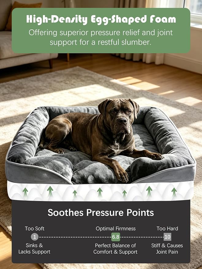 Spotted Play Orthopedic Dog Bed with Sides - Dog Sofa Beds for Extra Large Dogs, Supportive Foam Pet Couch Bed with Washable Removable Cover, Waterproof Lining and Non-Slip Bottom, Grey - XXL