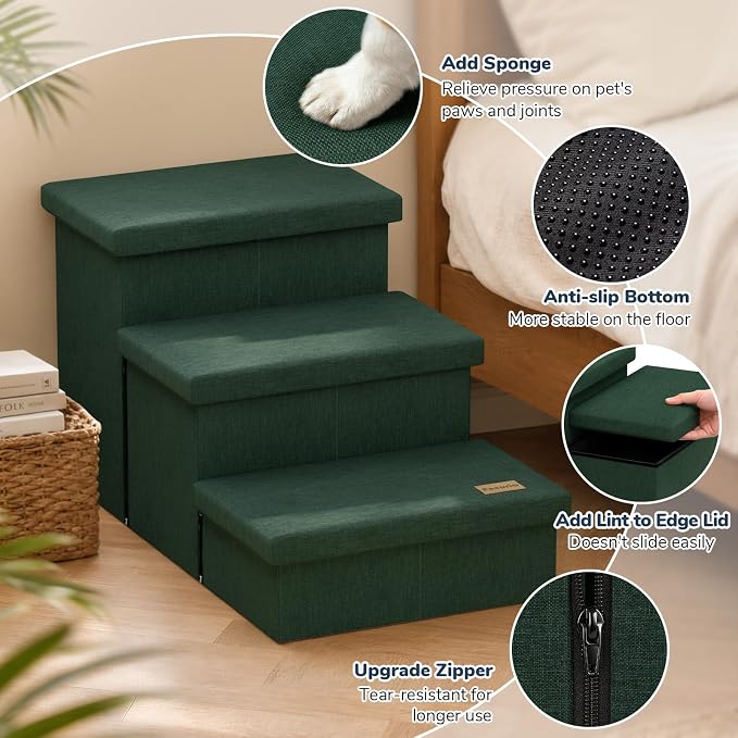 3-Step Wide Dog Stairs with Hidden Storage 18" H, Non-Slip Dog Steps for High Bed Couch Window Car, Jiont-Friendly Pet Stairs Ramp for Small/Medium/Large Old Dogs Cats Up to 200lbs, Dark Green