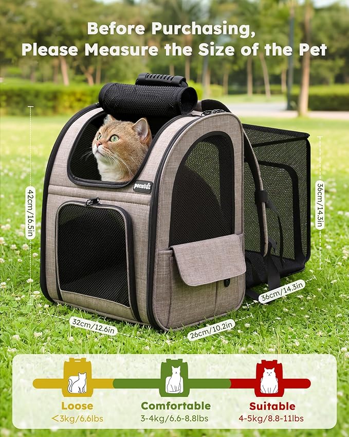 pecute Cat Backpack Expandable, Cat Backpack for Cat with Breathable Window | Durable Oxford Cloth, Lockable Zipper,Use for Pet Under 11 lbs to Travel