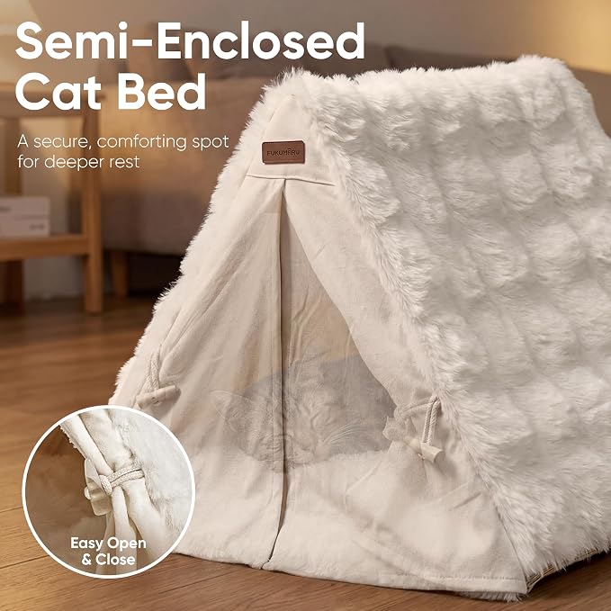 FUKUMARU Cat Cave Bed, Sturdy Frame Washable Cat Tent Bed with Curtain | Semi-Enclosed Cat Hideaway for Anxious Cats, Large Cozy Cat House for Indoor Cats, Soft Plush Covered Dog Bed, Cream