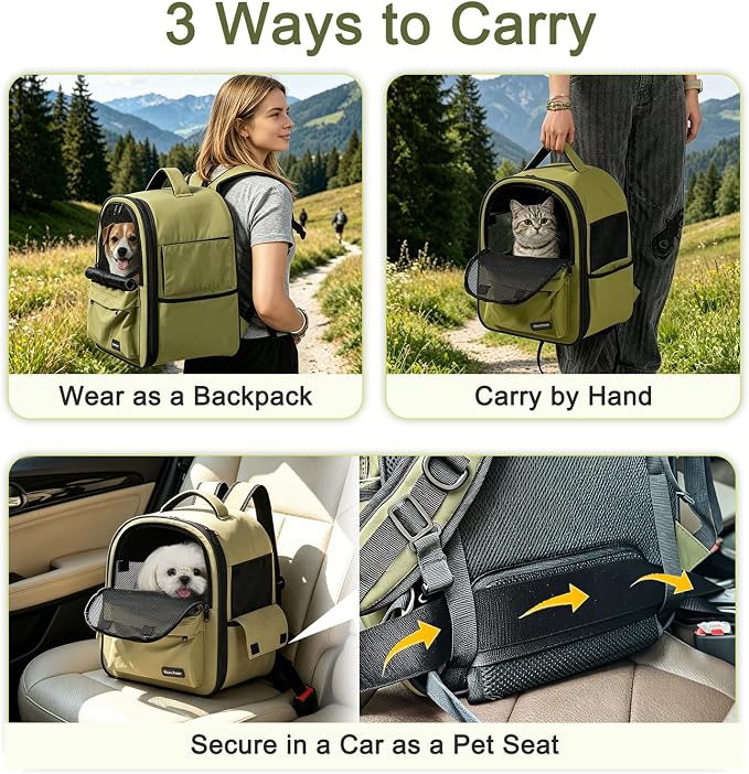 Cat Carrier Dog Backpack Carrier with Anti-Collapse Bottom (Olive Green) | Dog Carrier Mesh Backpack Breathable Pet Travel Bag with Sun Shade, Locking Zippers, Ergonomic Support for Hiking, Vet, Car