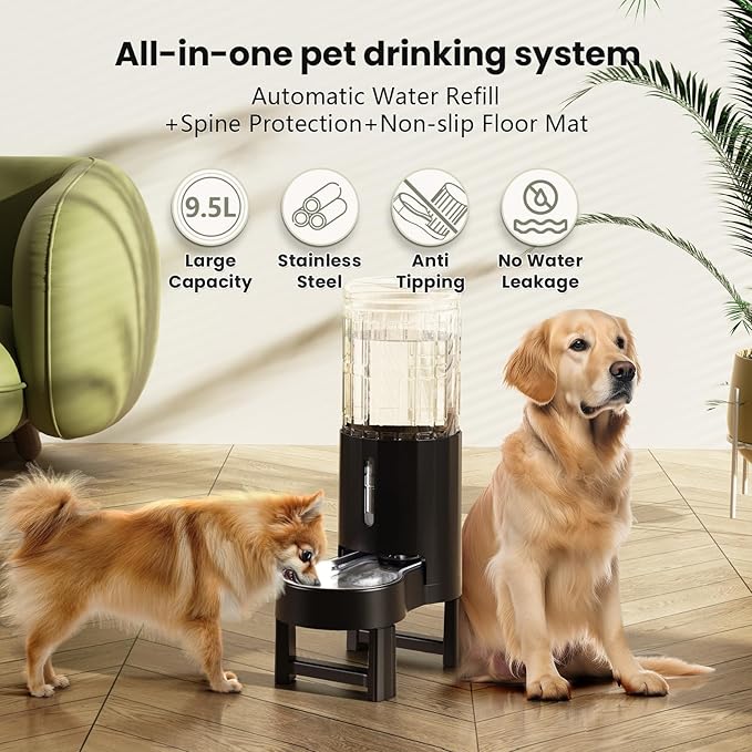 CZPET Elevated Dog Water Bowl Dispenser for Large Dogs,2.5 Gallon Tall Raised Pet Waterer Stand,Relieve Neck Pressure,Large Capacity and Drinking Area Noise-Free for Pets (9.5L+Stand,Black)