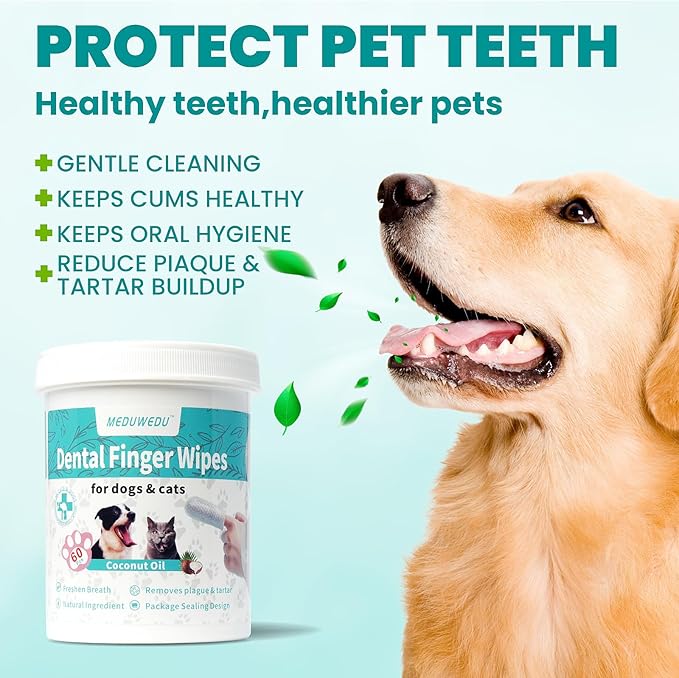 MEDUWEDU Dental Care Finger Wipes 60 Counts,Teeth Cleaning Finger Wipes for Dogs & Cats,Reduces Plaque & Supports Oral Freshness, Unscented