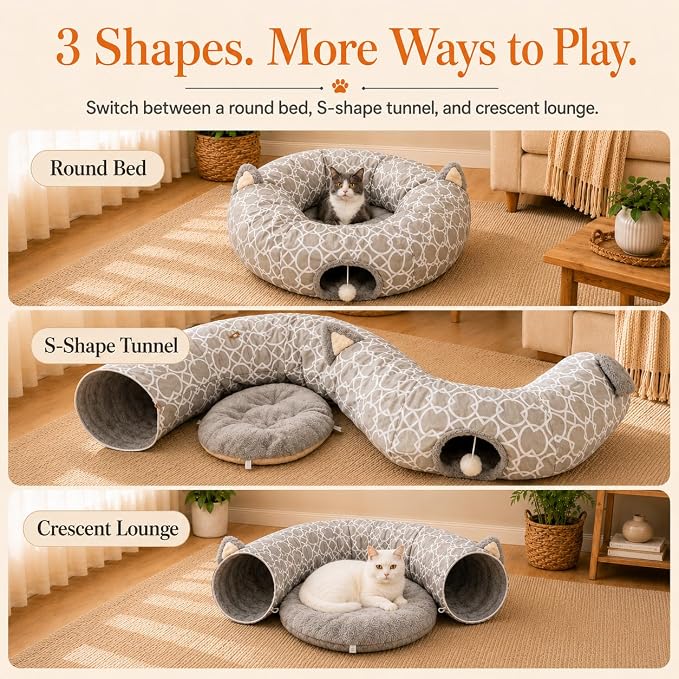 Geometric Cat Tunnel Bed Under Christmas Tree Oxford Outside with Plush Inside,Cats Toys Collapsible Tunnel Tube with Balls, for Rabbits, Kittens, Ferrets,Puppy 3FT