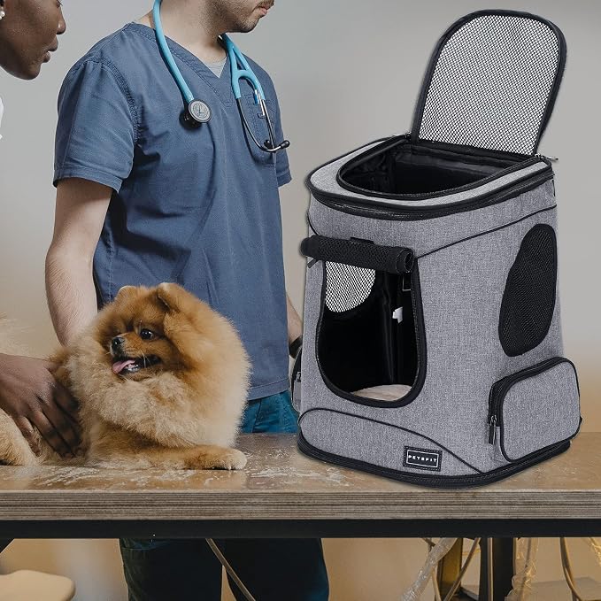 Petsfit Dog and Cat Backpack Carrier, Padded Waist Support, Up to 18 lb | 13.5 x 12.5 x 17.5 in; reinforced frame, 600D Oxford, 4 mesh panels, lockable zippers, safety tether and washable mat.