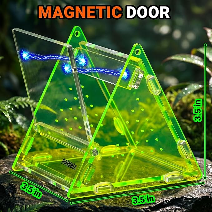 Triangular Jumping Spider Enclosure, Acrylic Terrarium with Magnetic Doors, 0.8mm Micro-Ventilation& Escape-Proof Design for Tarantulas, Lizards, Small Pets (Green,3.5”x3.5”x3.5”)
