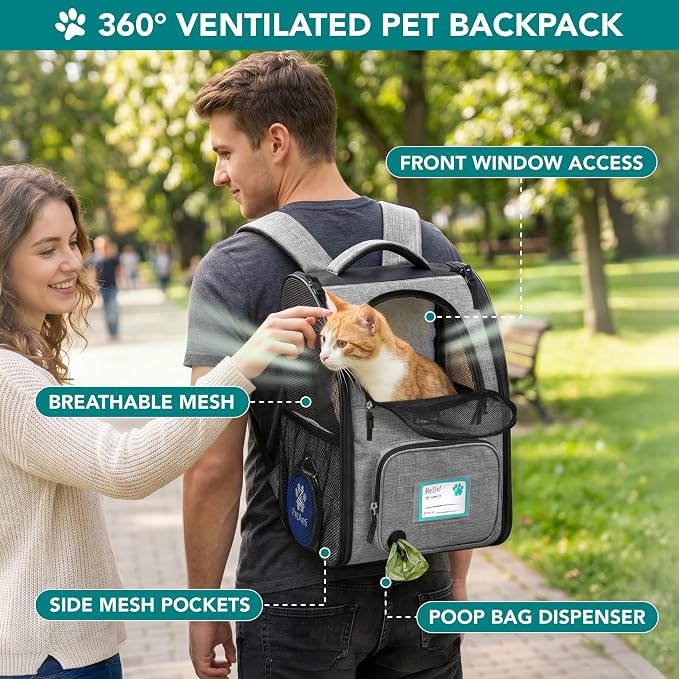 PetAmi Expandable Dog Backpack Carrier for Cats & Pets, Breathable Cat Carrier Backpack with Top Window & Multi-Entry, Ventilated Foldable Travel Carrier for Small Medium Pets up to 18 lbs, Light Gray
