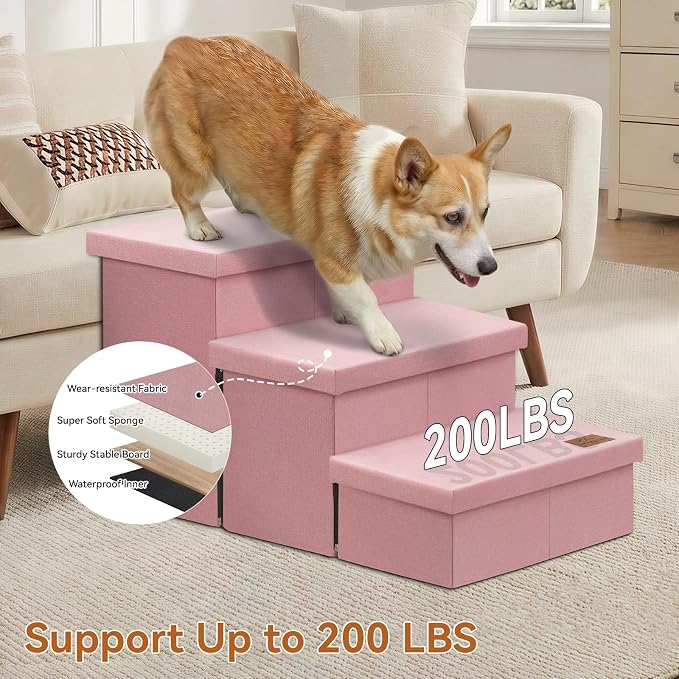 Zerbuger Dog Stairs with Storage, Pink 3 Steps Dog Ramp no Condo for Bed | 18" H Wider Dog Steps for High Beds Couch, Folding Storage Pet Stairs Gift for Climbing Small/Medium/Large Old Dogs Cats