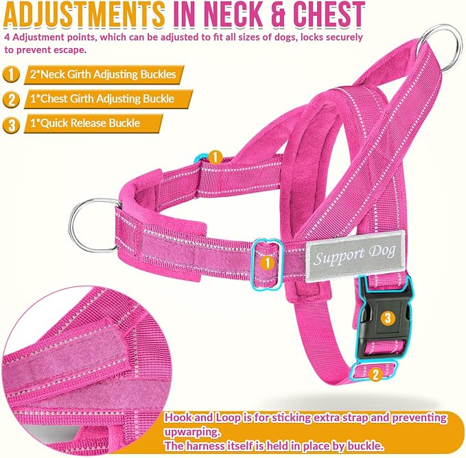 SlowTon No Pull Dog Harness with Front Clip - Heavy Duty, Soft Padded | Neck & Chest Adjustable, Tactical Pet Vest and Leash Set for Large Medium Sized Dogs, for Easy Walk & Training, Fuchsia L