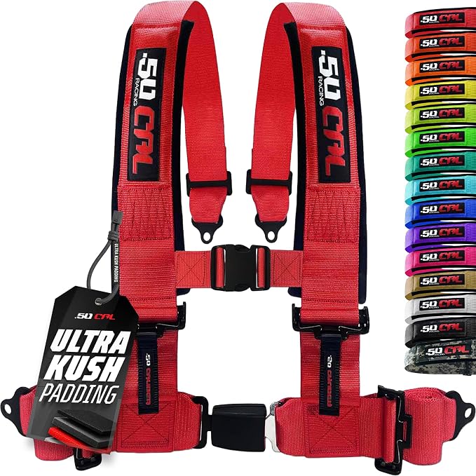 1pc 50 Cal Red 4 Point Harness 2in Straps, Racing Harness Seat Belt | Ultra Kush padding, Push Button quick release hardware. Universal Fit for UTV, RZR, race car.