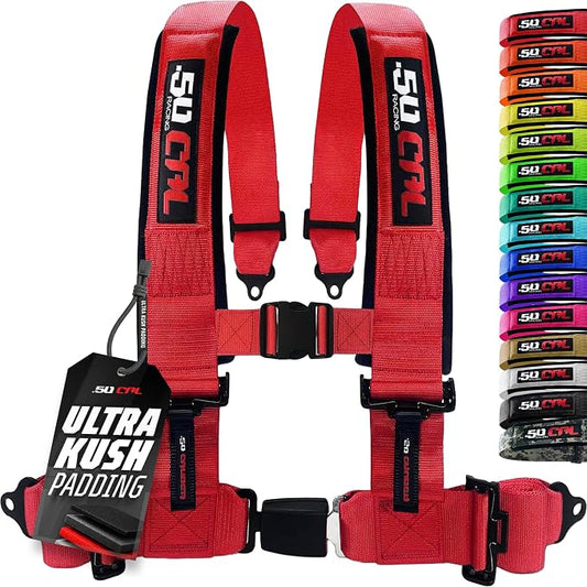 1pc 50 Cal Red 4 Point Harness 2in Straps, Racing Harness Seat Belt | Ultra Kush padding, Push Button quick release hardware. Universal Fit for UTV, RZR, race car.