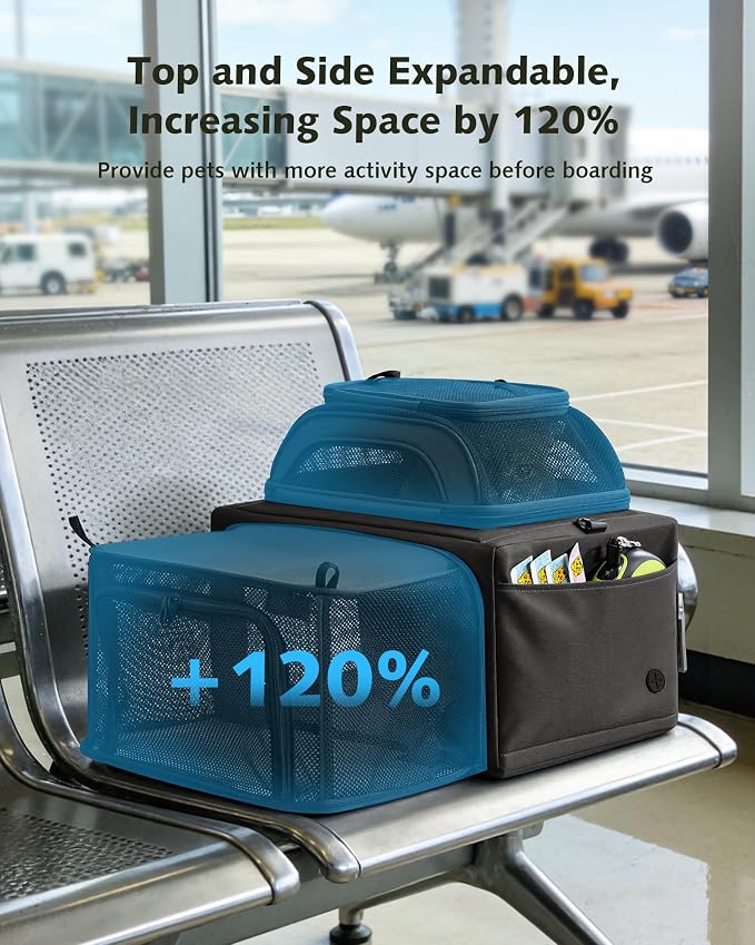 Pecute Top Expandable Airline Approved Pet Carrier for Cats, Dark Gray | Top side expandable, breathable scratch-resistant mesh, leakproof pee pad, locking zippers, foldable travel bag under 11lbs