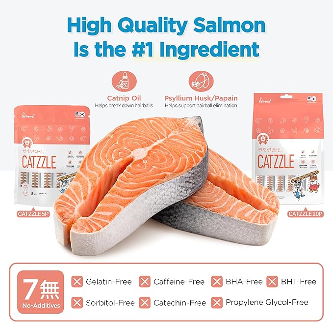CATZZLE Cat Treats, Dental Chews for Indoor Cats, Cat Teeth Cleaning, Dental Care Snacks - Hairball Control (Salmon Flavor), 5 Sticks (1.25 oz.)